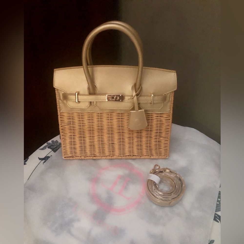 Lisi Lerch -Margo  Wicker Handbag Gold Leather & Wicker Top-Handle Satchel NWOT